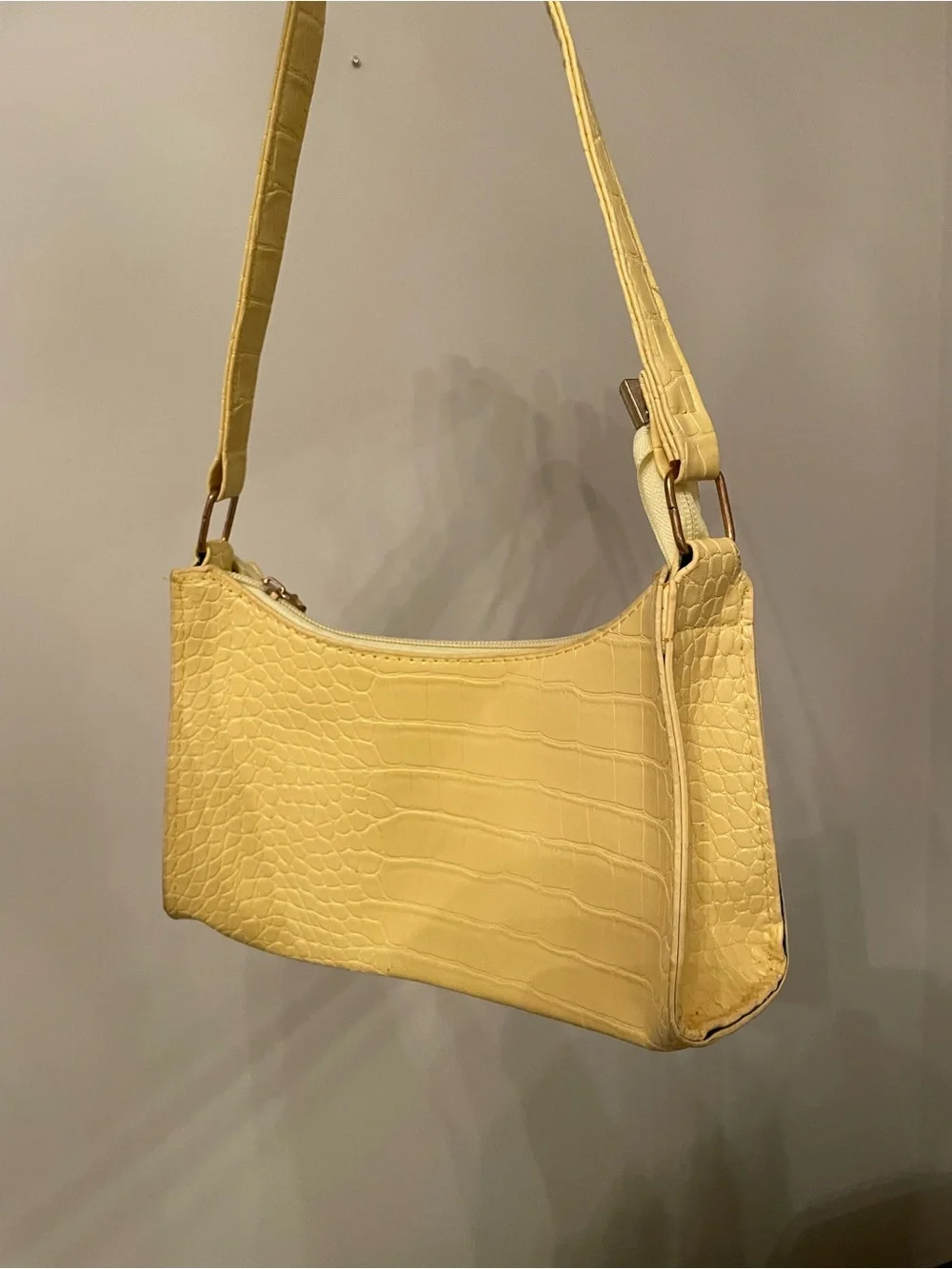 Y2K Butter Yellow Croc Embossed Baguette Shoulder Bag